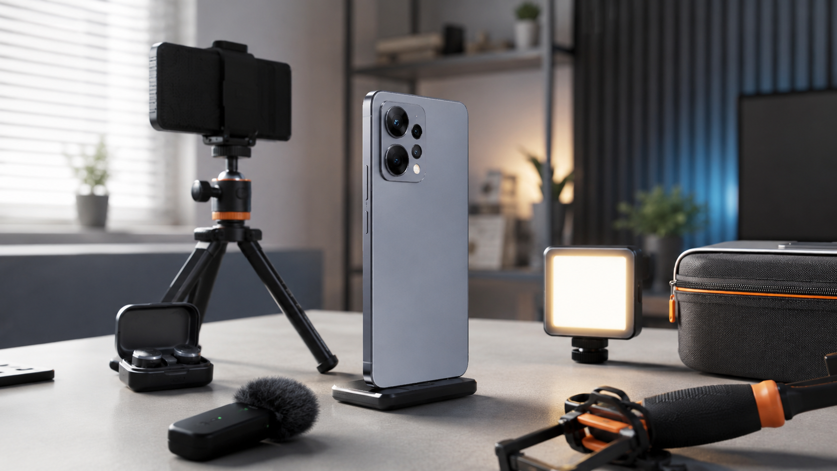 HP di atas meja kerja dengan tripod kecil, mic wireless, dan lampu LED untuk membuat konten harian.