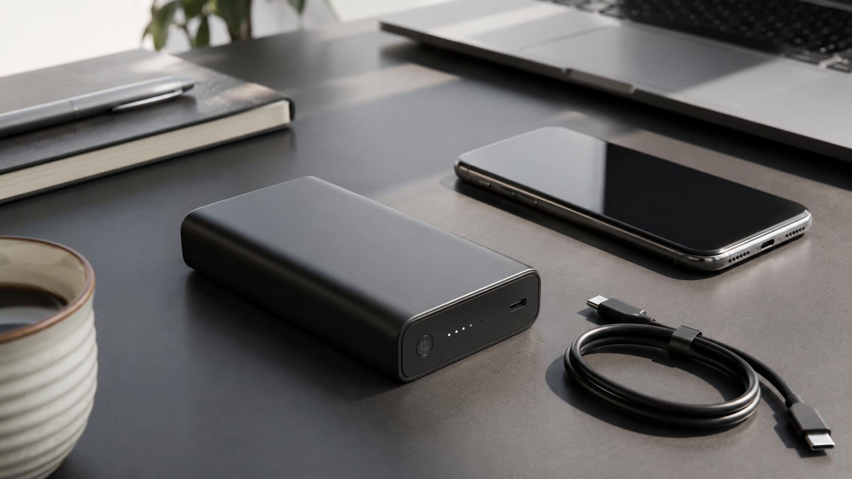 Power bank dengan kabel USB-C dan smartphone di atas meja kerja