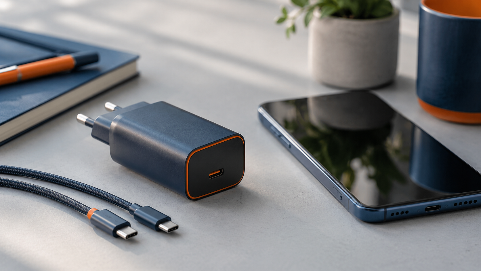 Charger fast charging USB-C dengan kabel dan smartphone di atas meja kerja