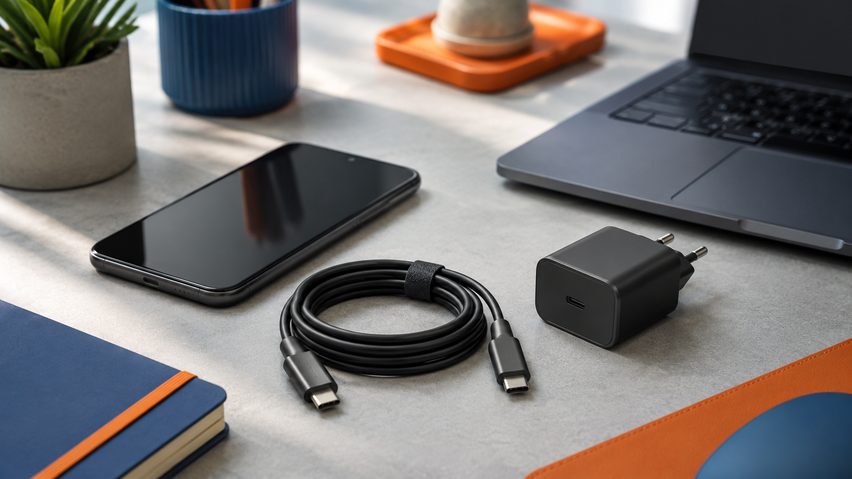 Kabel USB-C fast charging dengan charger dan smartphone di atas meja kerja