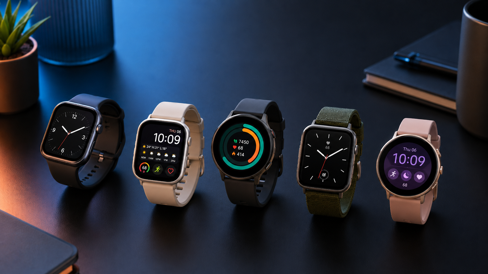 Smartwatch murah generik dengan smartphone di atas meja kerja