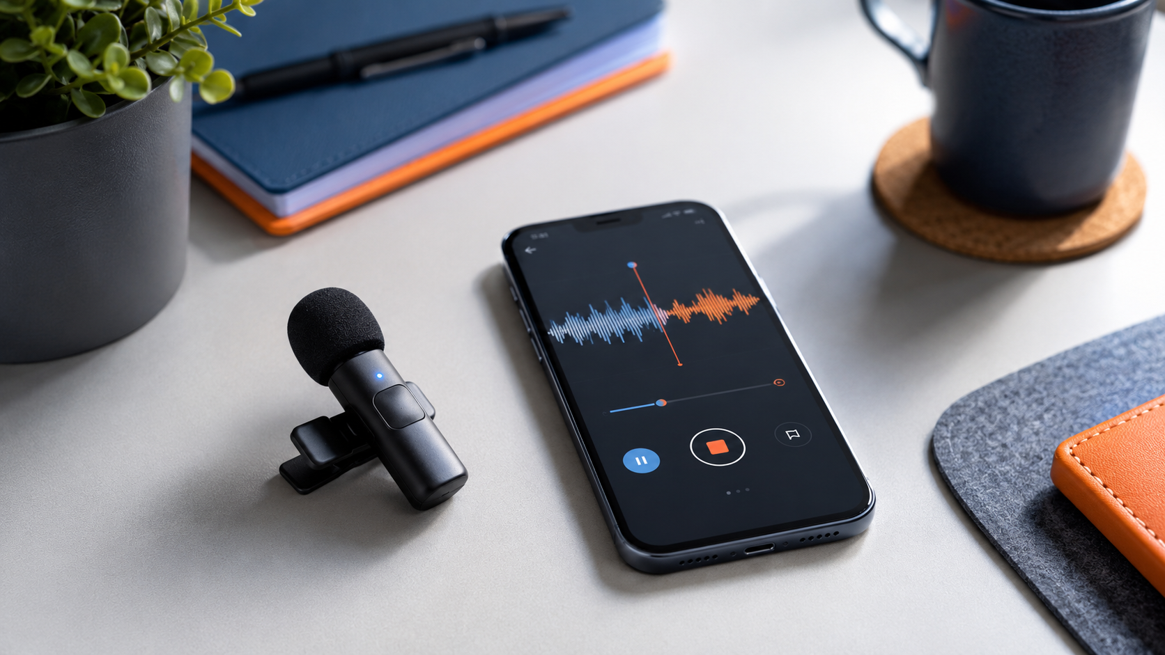 Mic wireless generik untuk HP dengan smartphone menyala di atas meja kerja