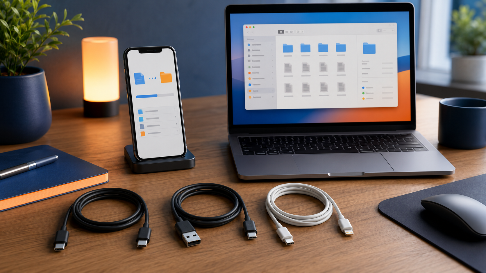 Beberapa kabel data murah generik dengan smartphone dan laptop menyala